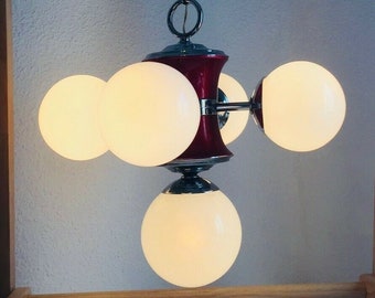 27" RED & CHROME Mid Century Orb Orbital Petite Chandelier Milk Glass Globe Sputnik