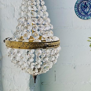Petite Antique French Empire Crystal Chandelier Ceiling Light, Bronze, Bag, Bowl, Suitable for USA & EU, 23&quot; x 8.5&quot;