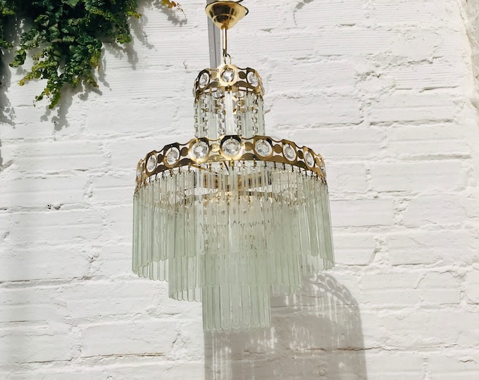 Antique Art Deco Waterfall Chandelier with Flat Glass Prisms