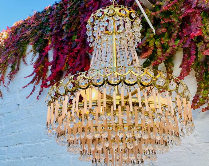 Vintage French Empire Chandelier: Pink Glass Prisms, Gold Tiered Lighting (30"x17")