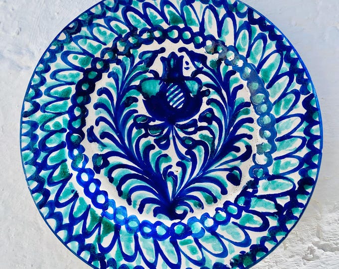 Vintage Fajalauza Granada Plates, Blue White Ceramic Pomegranate Motif (Set of Two)