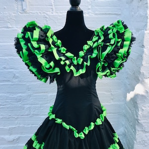 Waist 31" Green Black Vintage Authentic Flamenco Dress Gypsy Frida Kahlo Feria Gitana HIDDEN POCKET