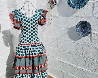 Waist 26" Vintage Authentic Spanish Flamenco Dress Gypsy Frida Cosplay, Green Polka Dot