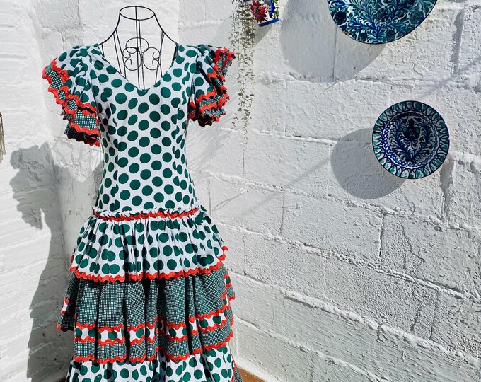 Waist 26" Vintage Authentic Spanish Flamenco Dress Gypsy Frida Cosplay, Green Polka Dot