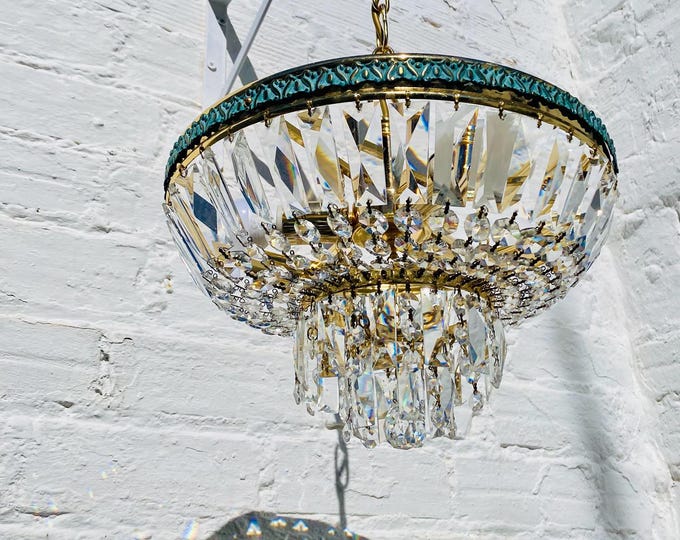 Green Rim, Vintage Crystal Chandelier Neoclassical Brass Hollywood Glam Low Ceiling Fixture