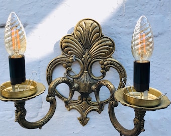 Antique Cast Bronze Wall Sconce 2 Lights Glass Shades, French, Italian, Spanish