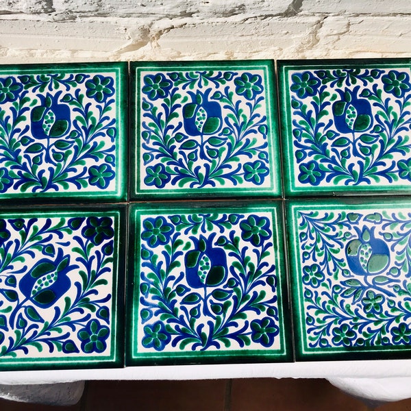 Set of 6, Talavera Spanish Tiles, Hand Painted, BLUE, GREEN WHITE, Granada Granadino Fajalauza Alhambra, Pomegranate Motif