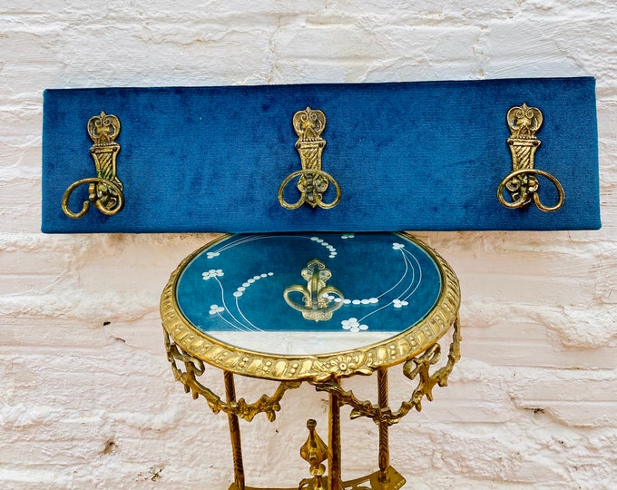 Antique Blue Velvet Coat Rack: Ornate Gold Wrought Iron Hooks