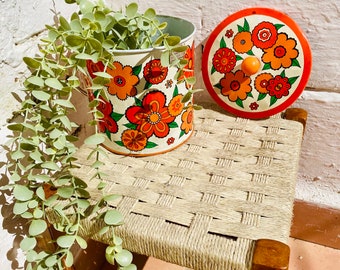 Mid Century Lidded Tin Planter Container, Orange Floral Retro Pop Art Home Decor Accent