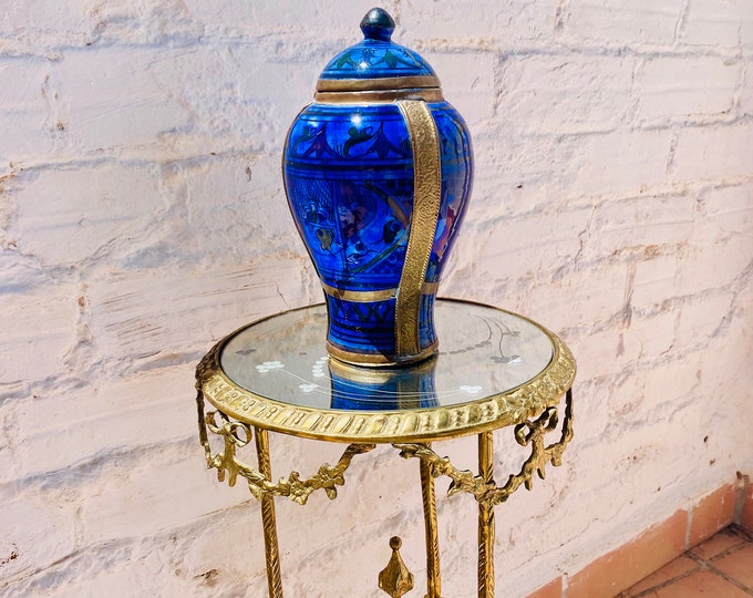 Antique Moroccan Ginger Jar: Blue Hand-Painted Urn with Brass Trim
