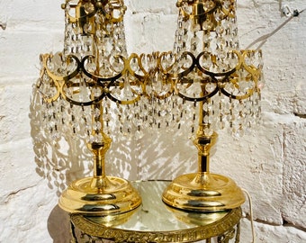 Vintage Boudoir Accent Table Lamps, Gold, Brass, Chandelier, Crystal, Light, French, Romantic, Hollywood