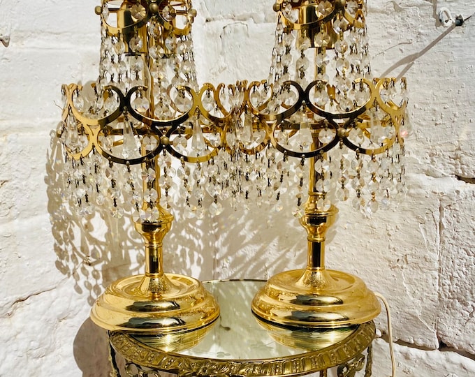 Vintage Boudoir Accent Table Lamps, Gold, Brass, Chandelier, Crystal, Light, French, Romantic, Hollywood
