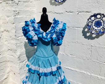 Vintage Flamenco Dress: Blue Polka Dot Feria Gitana, Waist 24"