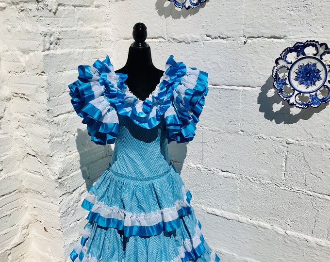 Vintage Flamenco Dress: Blue Polka Dot Feria Gitana, Waist 24"