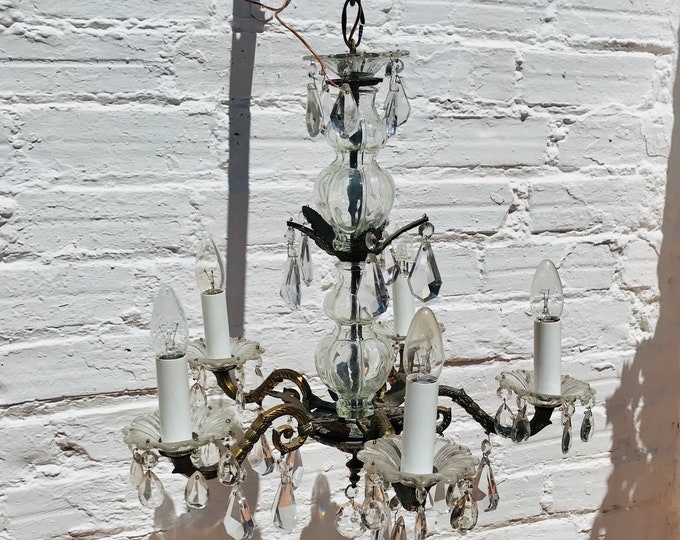 Antique French Bronze Crystal Chandelier: 5-Light Candelabra (26")