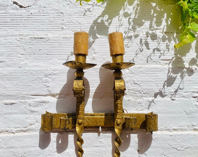 Antique Gilt Wrought Iron Wall Sconces: Spanish Colonial Revival