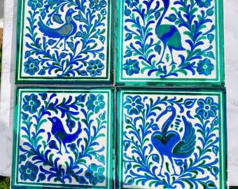 Set of 4 Hand Painted Fajalauza Ceramic Tiles Bird Motif Set Traditional Granada Spain
