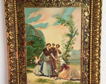 Antique Francisco Goya "Las Floristas" Print, Ornate Frame, Barcelona Art