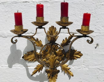 Antique Spanish Revival Gilt Wrought Iron 4-Arm Candle Candelabra