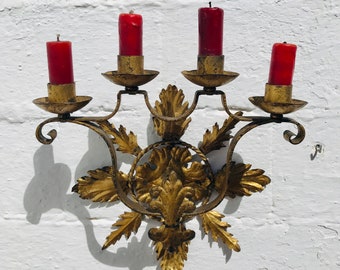 Candelabro antiguo de pared de 4 brazos de estilo español, candelabro de hierro forjado dorado, pan de oro medieval gótico