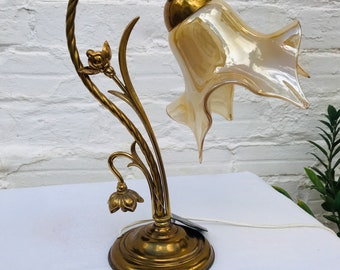 Vintage Floral Brass Table Lamps: Gold Glass Shade, Set of 2