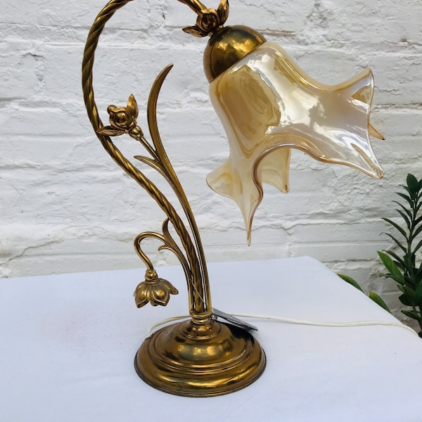 Set of 2, Pair, Vintage Table Lamp, Brass, Gold Glass Shade Floral Motif NEW OLD Stock, Sirpe