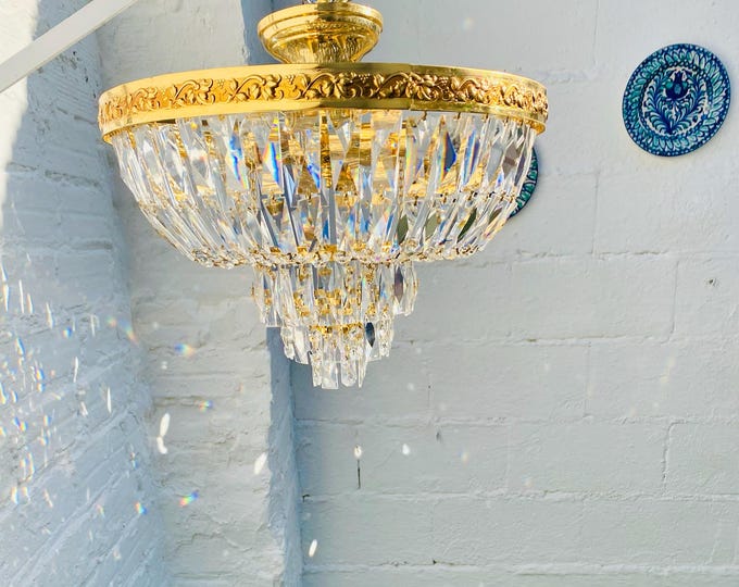 Vintage French Crystal Chandelier Low Ceiling Light, Gold Brass Tiered 15 x 16.5"
