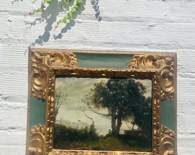 Antique Oil Painting, Spanish, Alhambra, Castle, Landscape, Gilt Wood, Green Gold, Canvas