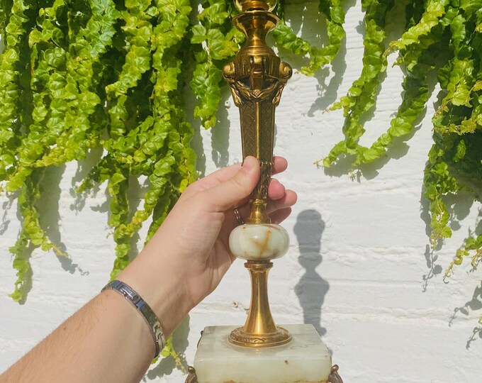 Antique Green Marble Table Lamp: Cast Bronze Claw Foot, 15" Tall