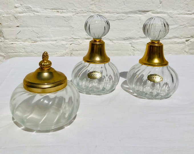Antique Gold Plated Glass Vanity Set: Perfume & Powder Jars