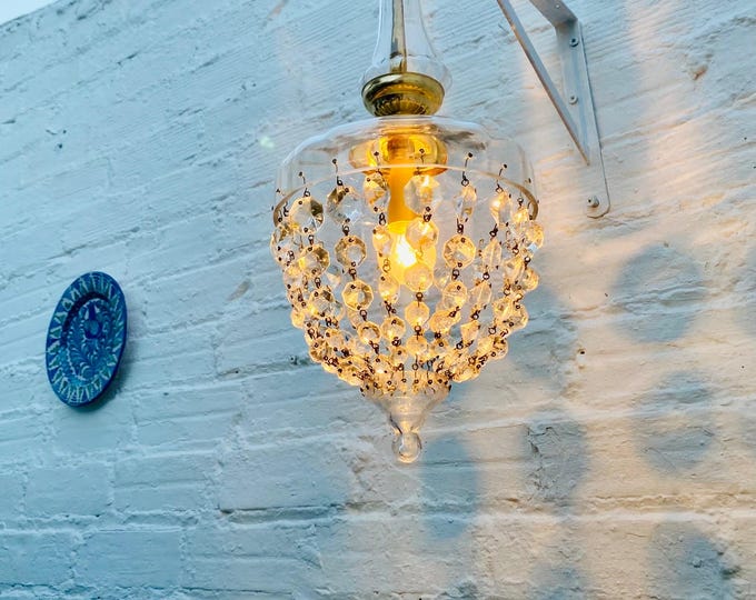 Antique Murano Glass Pendant Light Chandelier, Brass, Crystal 20" L x 8.5"