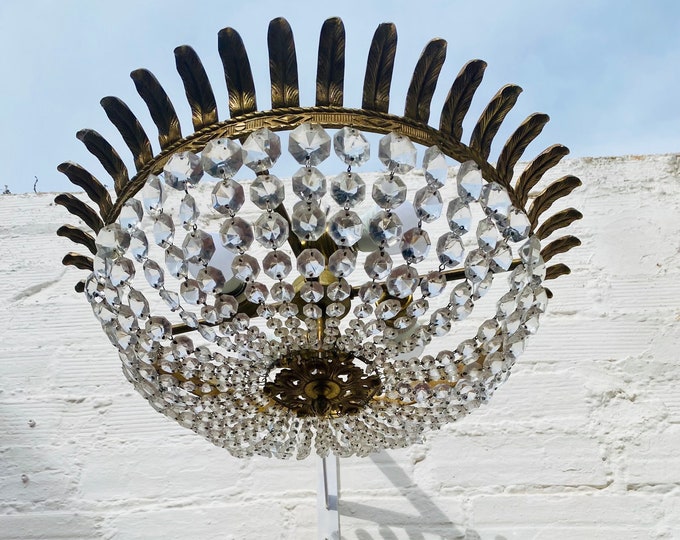Antique French Crystal Bowl Chandelier: Bronze Semi Flush Mount