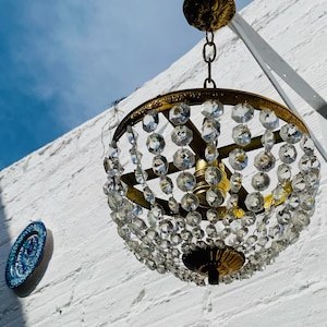Antique Petite French Crystal Chandelier Ceiling Light, Bowl, Bag, Bronze, Brass