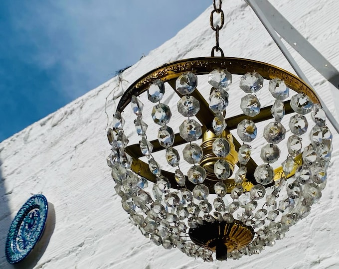 Antique Petite French Crystal Chandelier Ceiling Light, Bowl, Bag, Bronze, Brass
