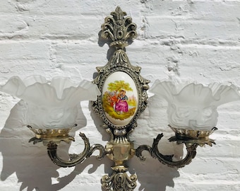 Antique, 2 Light Cast Brass Wall Sconce, Limoges Sevres Style, Porcelain Plate
