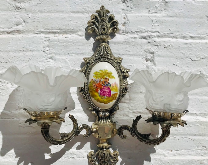 Antique, 2 Light Cast Brass Wall Sconce, Limoges Sevres Style, Porcelain Plate