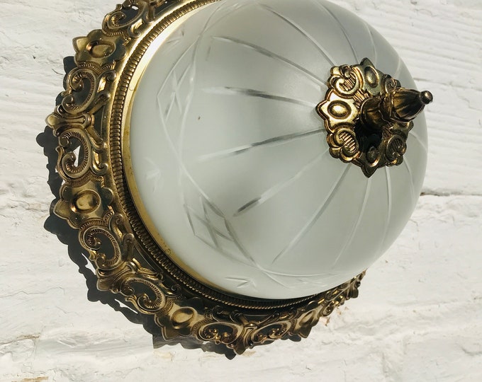 Antique Etched Frosted Glass Flush Mount Ceiling Light with Brass Rim