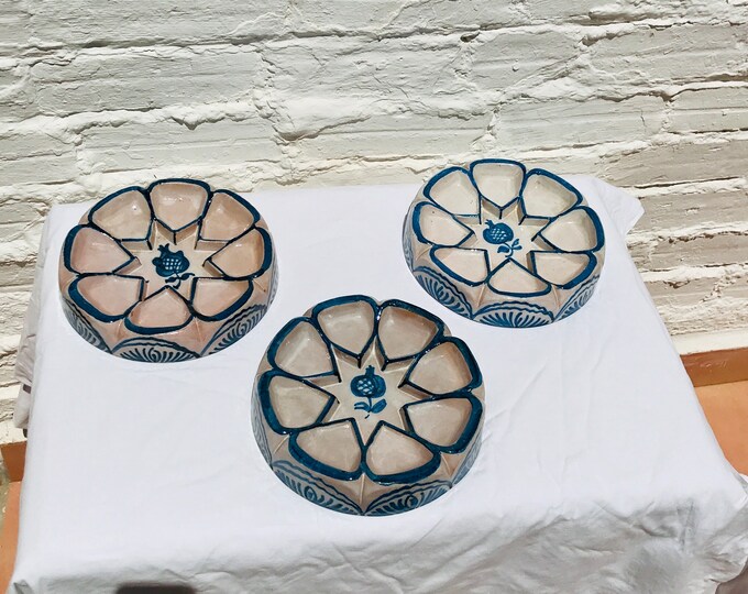 8.5" Antique Divided Serving Tray, Appetizer Plate, Ceramic, Spanish, Fajalauza Granada