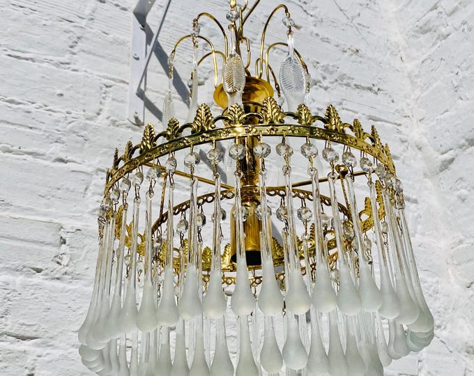 Vintage Murano Glass Chandelier Brass Italian Beaded Waterfall Pendant 29in Drop 11.5in Wide