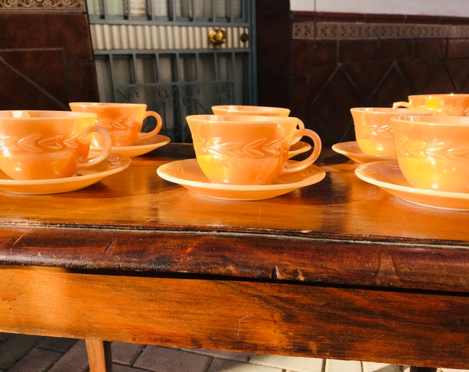 Anchor Hocking Fire King Peach Lustre Luster Laurel Leaf Tea / Coffee Cups Saucers
