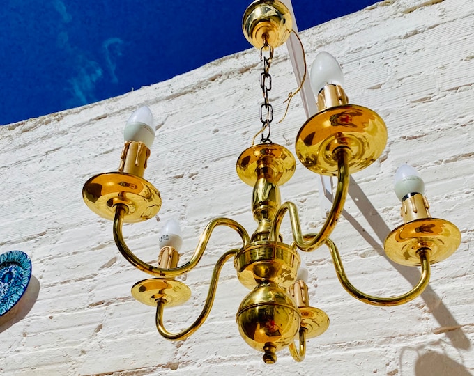 Petite Antique Brass Ball Chandelier - 5 Arm Flemish Dutch Light