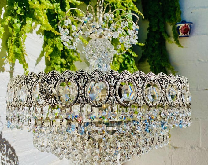 30" L x 17" W Antique Silver Bronze Crystal Chandelier, Tiered, French, Italian