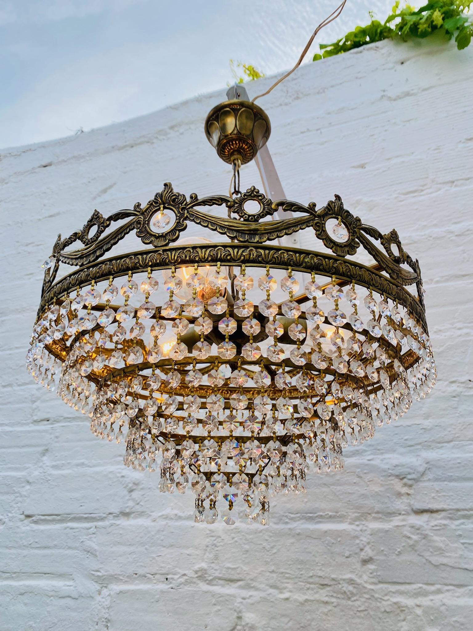 Antique Tiered Crystal Brass Chandelier, French, Wedding Cake, Vintage 20 x 16"