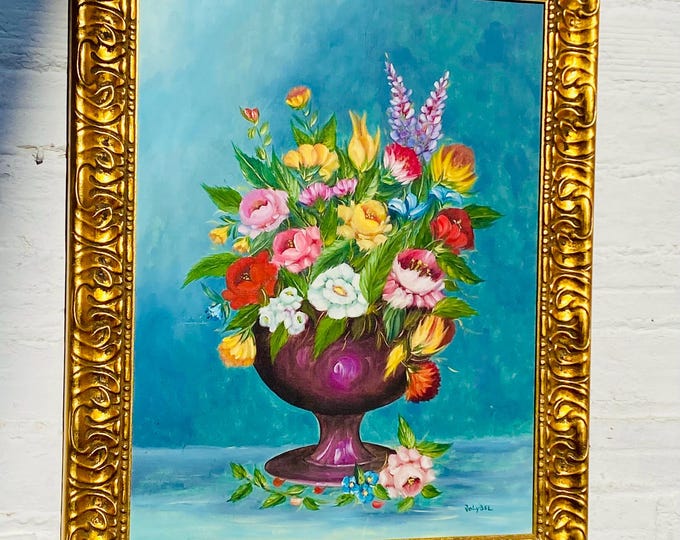 Signed JolyBel Floral Oil Painting, Vintage Spanish Still Life, Ornate Giltwood Frame
