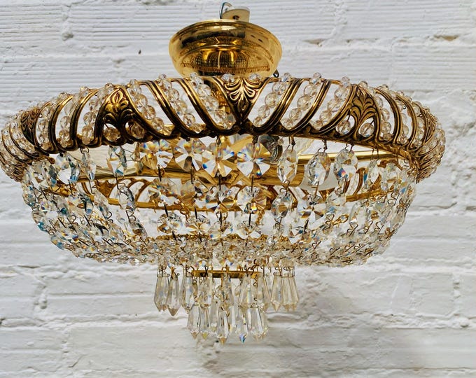 Vintage French Crystal Chandelier Low Ceiling Light, Gold Brass Tiered 13 x 17"