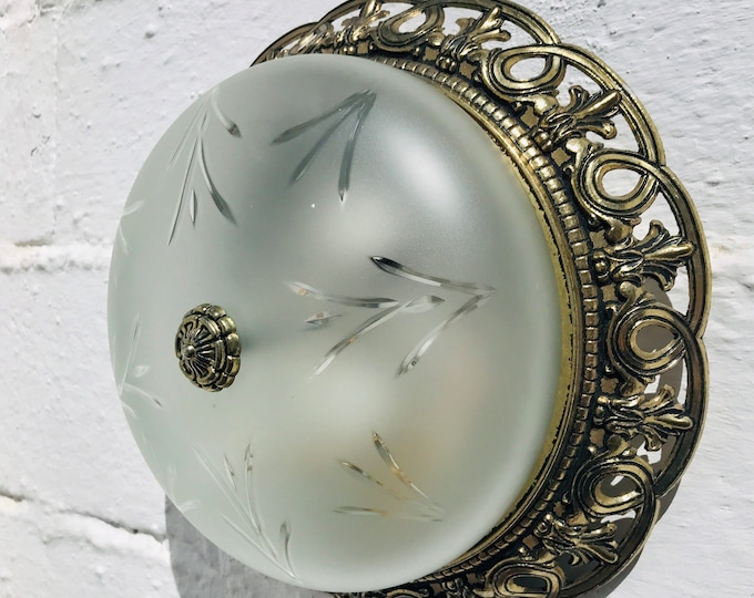 14" Antique Flush Mount Ceiling Light Fixture Frosted Etched Glass Brass Rim