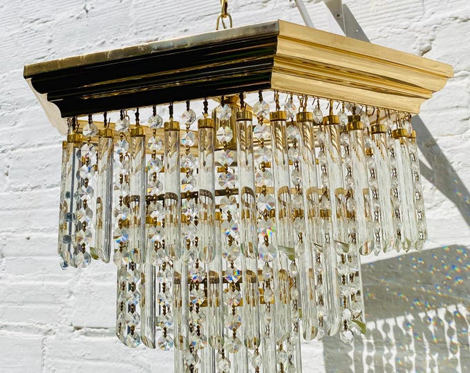 Vintage Murano Crystal Waterfall Chandelier Brass Square Ceiling Light Hollywood Regency