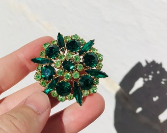 Mid Century Antique Emerald Green Rhinestone Brooch, Fine Estate Pin, Signed