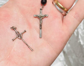 Antique Catholic Rosary Crucifix Pair, Vintage Silver Tone Religious Crosses from Spain