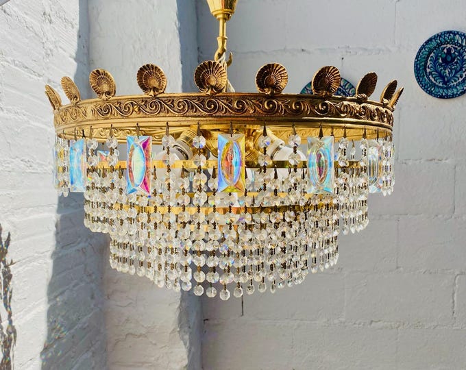 Antique French Crystal Chandelier: Bronze NeoClassical Rainbow Beads